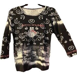 Jane Ashley Holiday Themed Shirt Black Sz PS Sparkling Snowman 100% Cotton